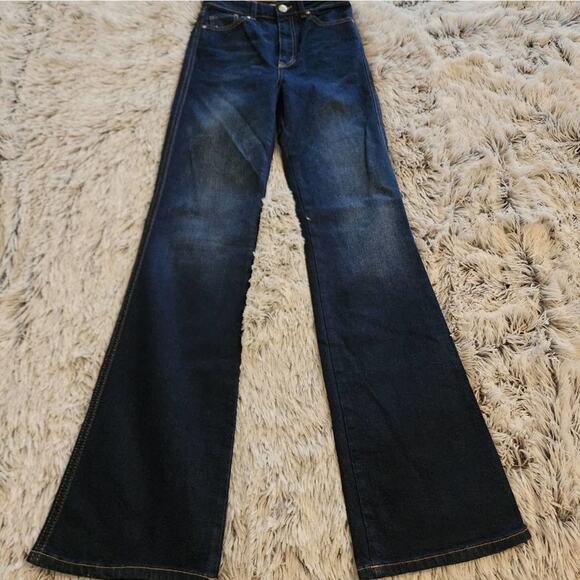 Zara High Rise Flare Leg Denim Jeans Dark Wash Fitted Waist Wide Leg Trousers 4 - Picture 3 of 11